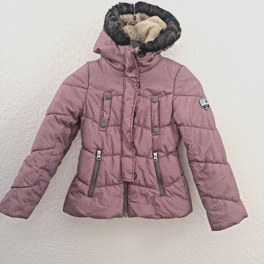 London Fog Girls Coat Jacket Puffer Hoodie Fleece Lined Mauve Sz 7/8 Houndstooth
